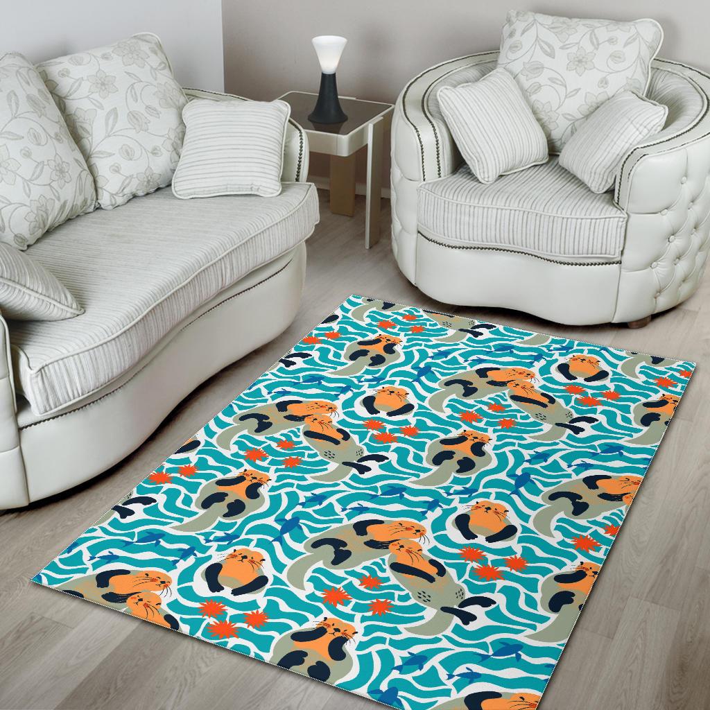 Cute sea otters fishe sea urchin pattern Area Rug
