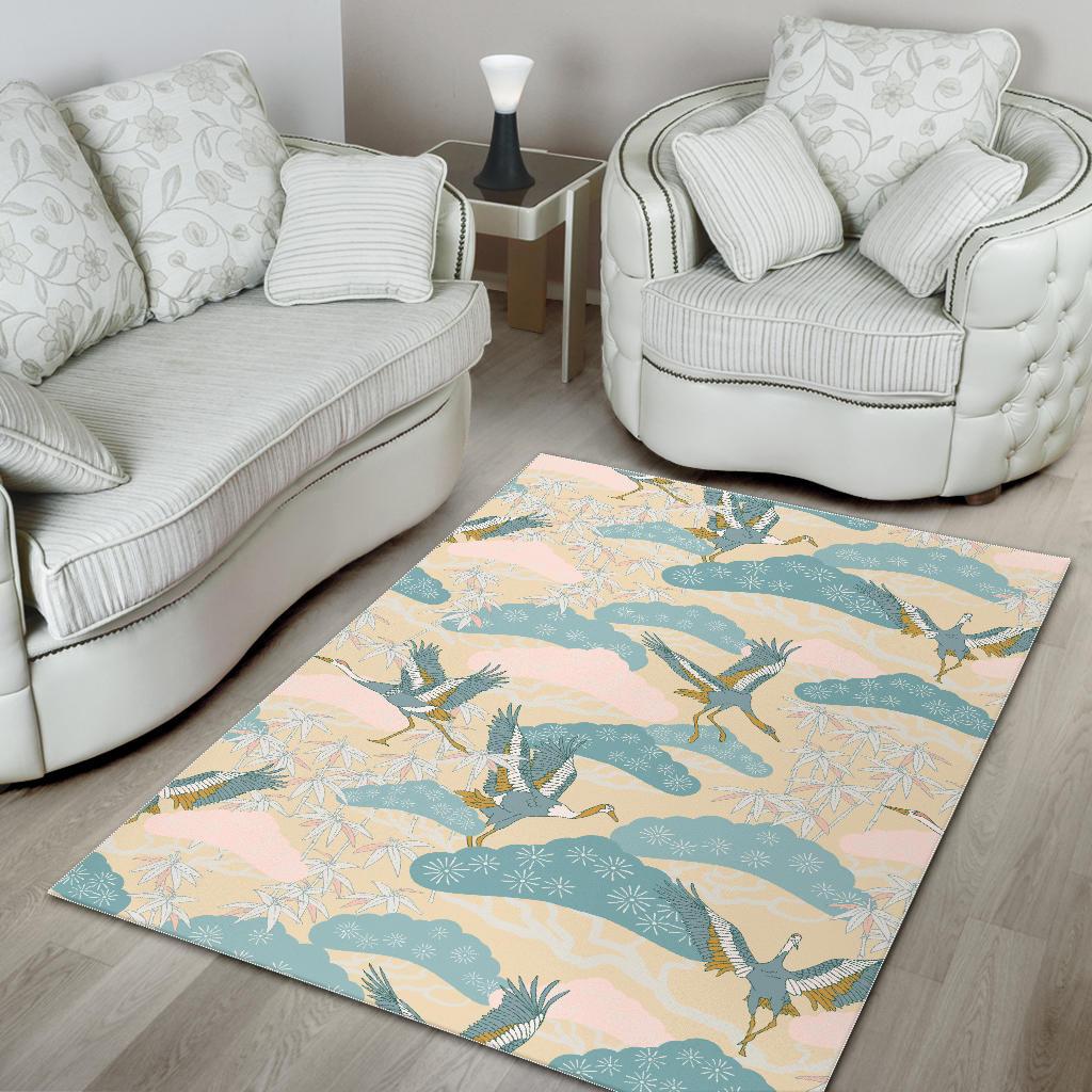 Bonsai bamboo stork japanese pattern cream theme Area Rug