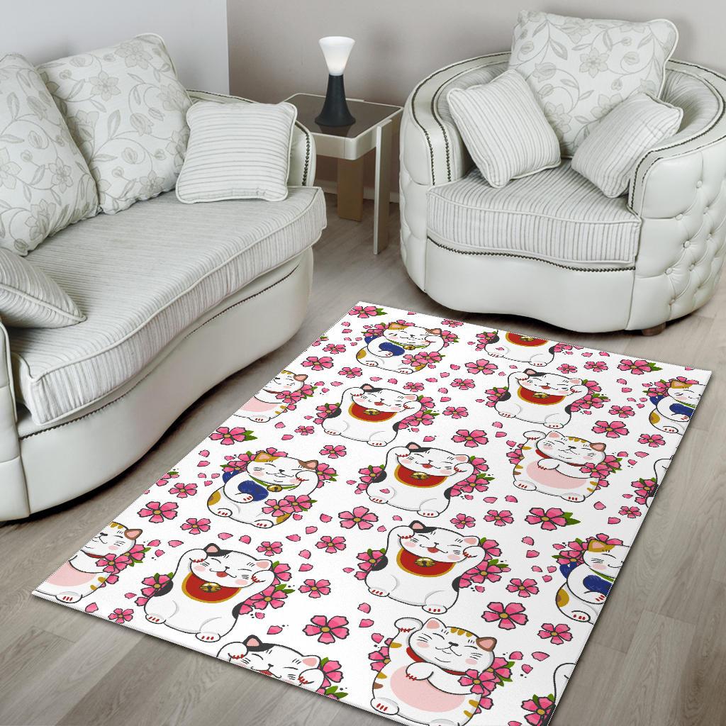 Meneki Neko Lucky Cat Sakura Flower Pattern Area Rug