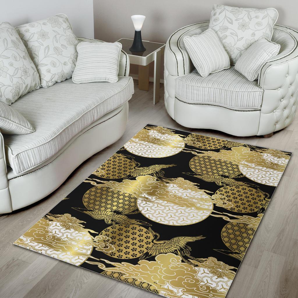Gold Could Crane Japanese Pattern Area Rug