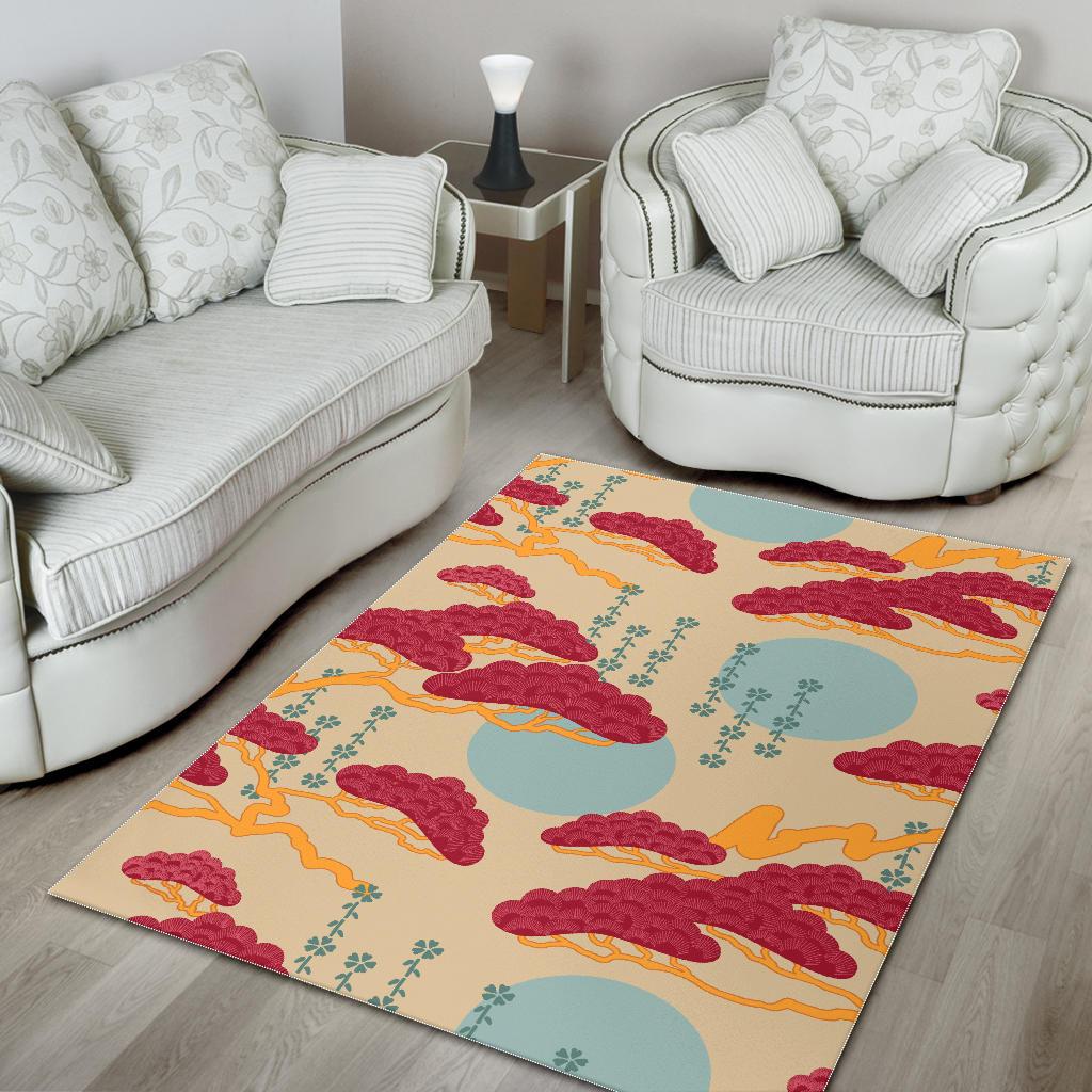 Red Bonsai gray sun japanese pattern Area Rug