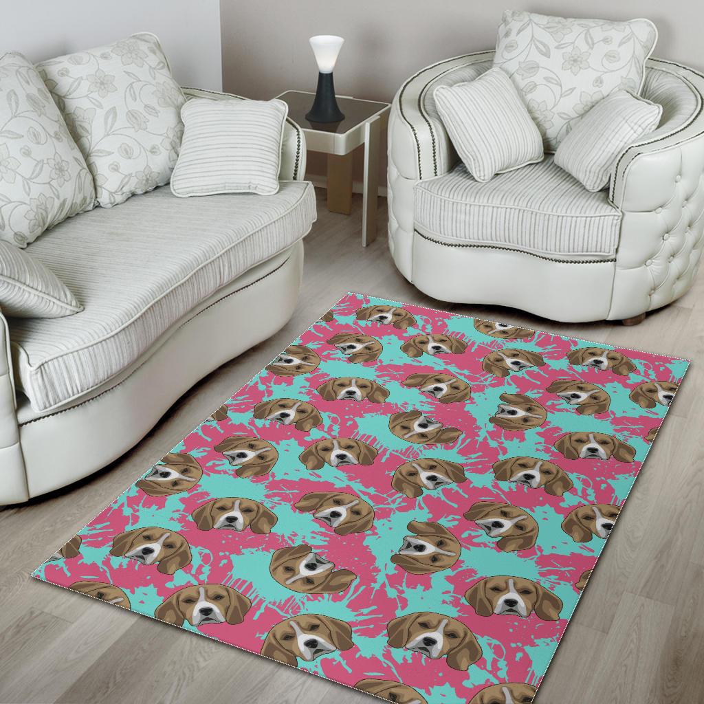 Beagle muzzles turquoise paint splashes pink pattern Area Rug
