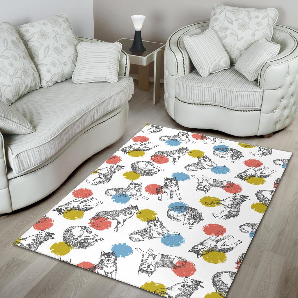 Siberian husky and colorful circle pattern Area Rug