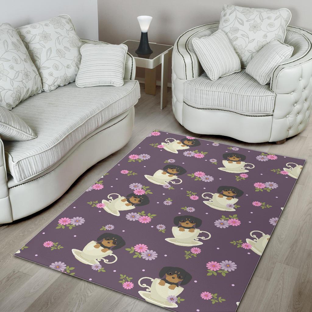 Dachshund in Coffee Cup Flower Pattern Area Rug