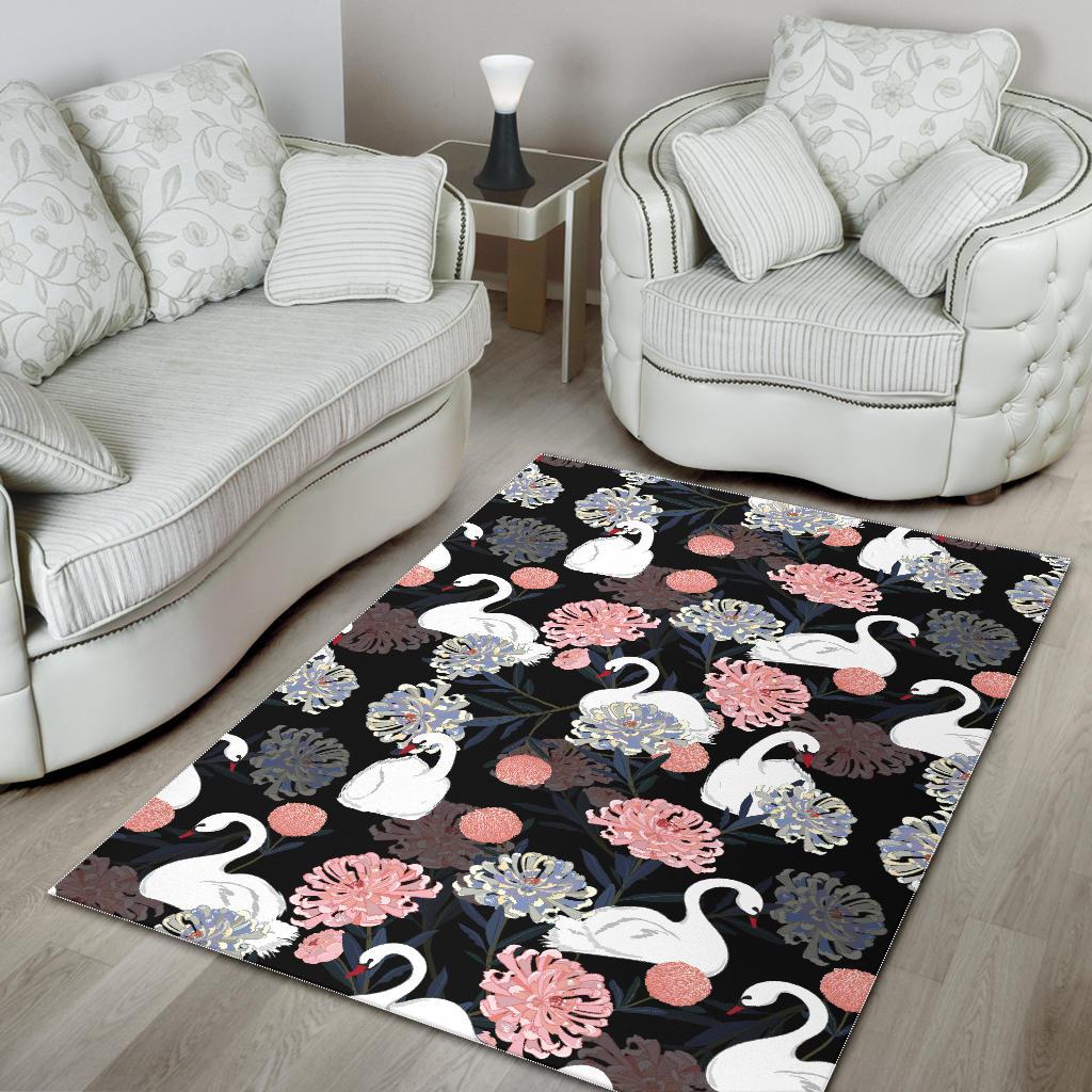white swan blooming flower pattern Area Rug