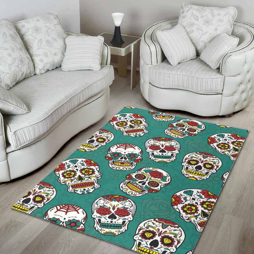 Suger Skull Pattern Green Background Area Rug