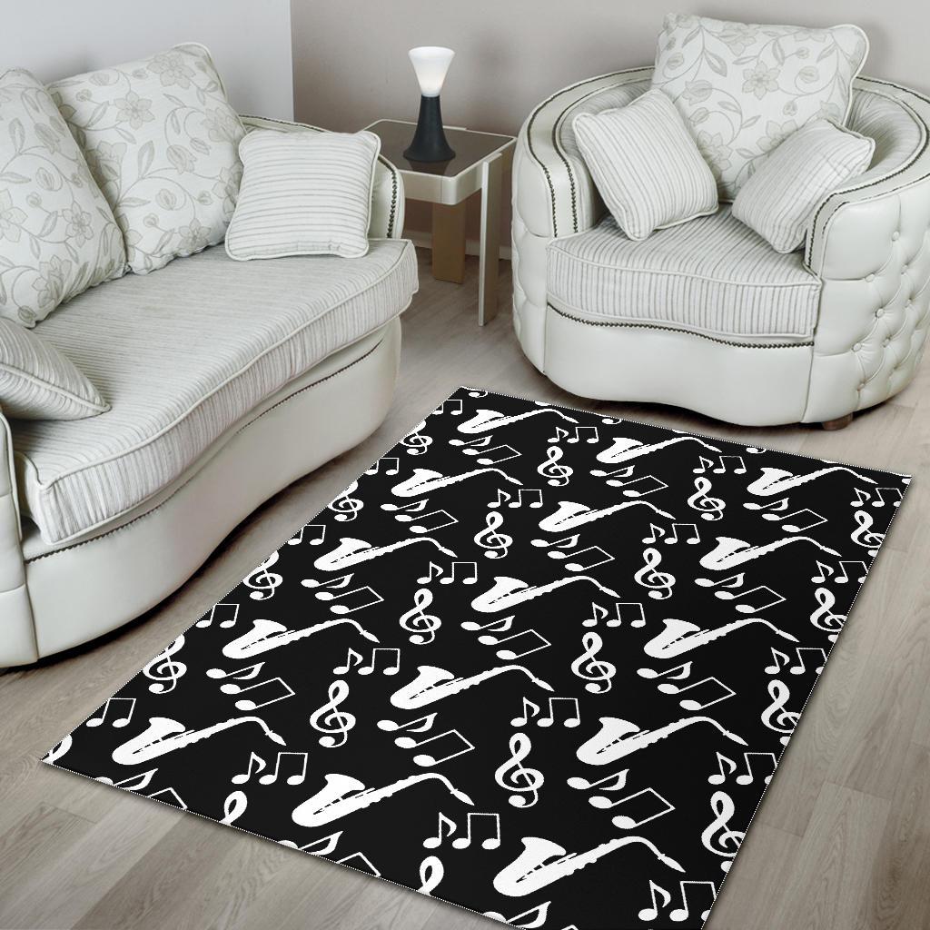 Saxophone music notes treble clef black white theme Area Rug