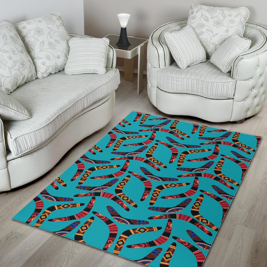Boomerang Australian aboriginal ornament blue background Area Rug