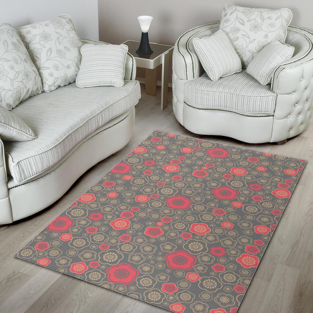 Red gold Sakura cherry blossom gray background Area Rug
