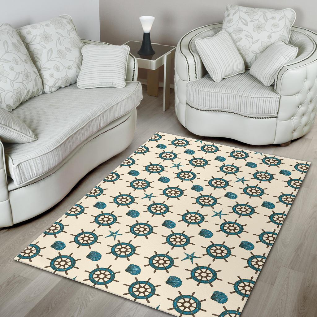Nautical Steering Wheel Rudder Shell Pattern Area Rug