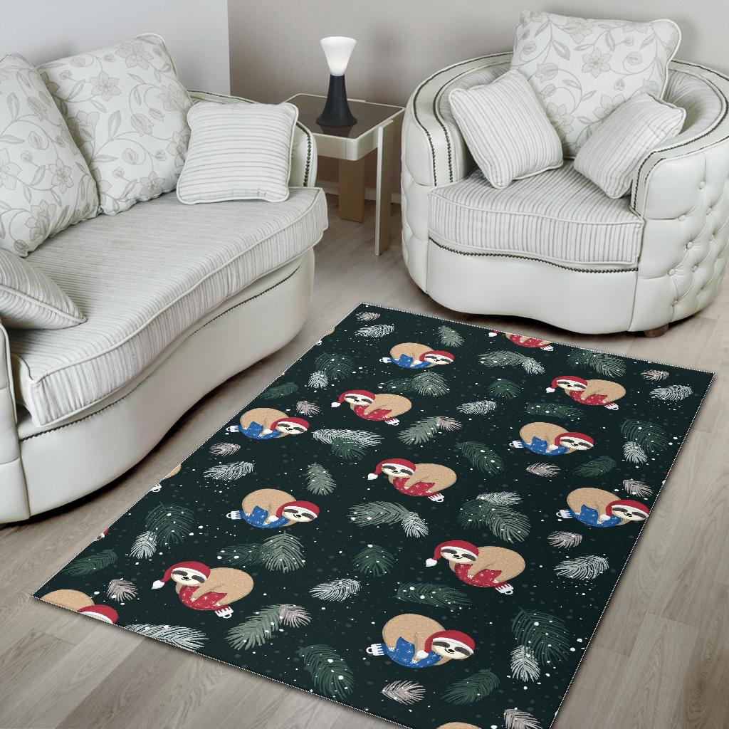 Cute sloths sleeping christmas ball santa hat pattern Area Rug