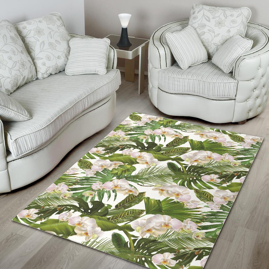 White orchid flower tropical leaves pattern Area Rug