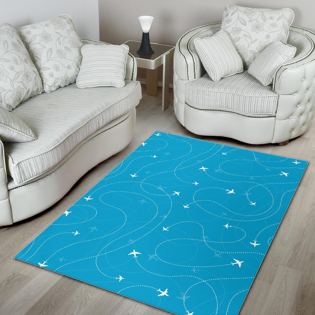 Airplane destinations blue background Area Rug
