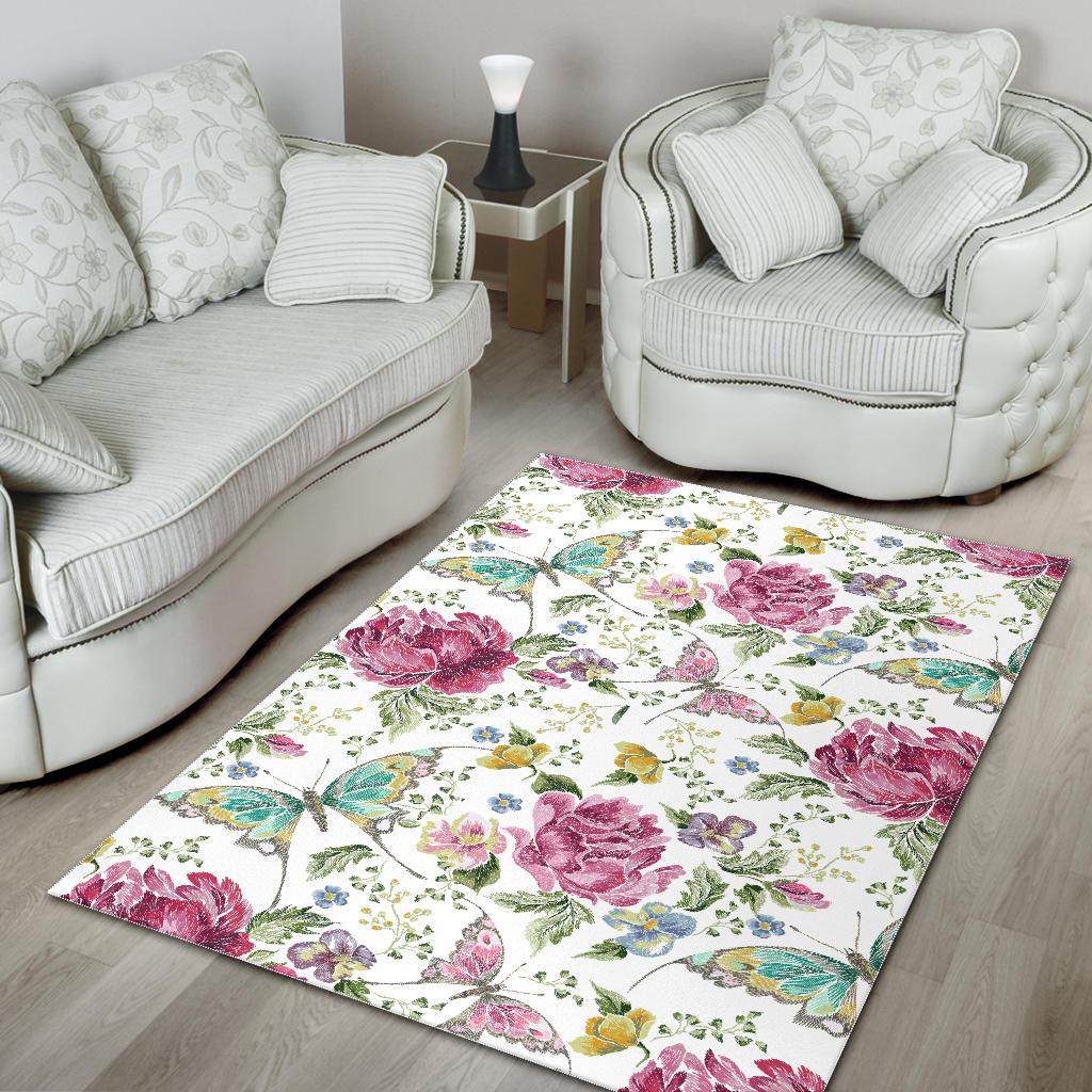 Hand drawn butterfly rose Area Rug