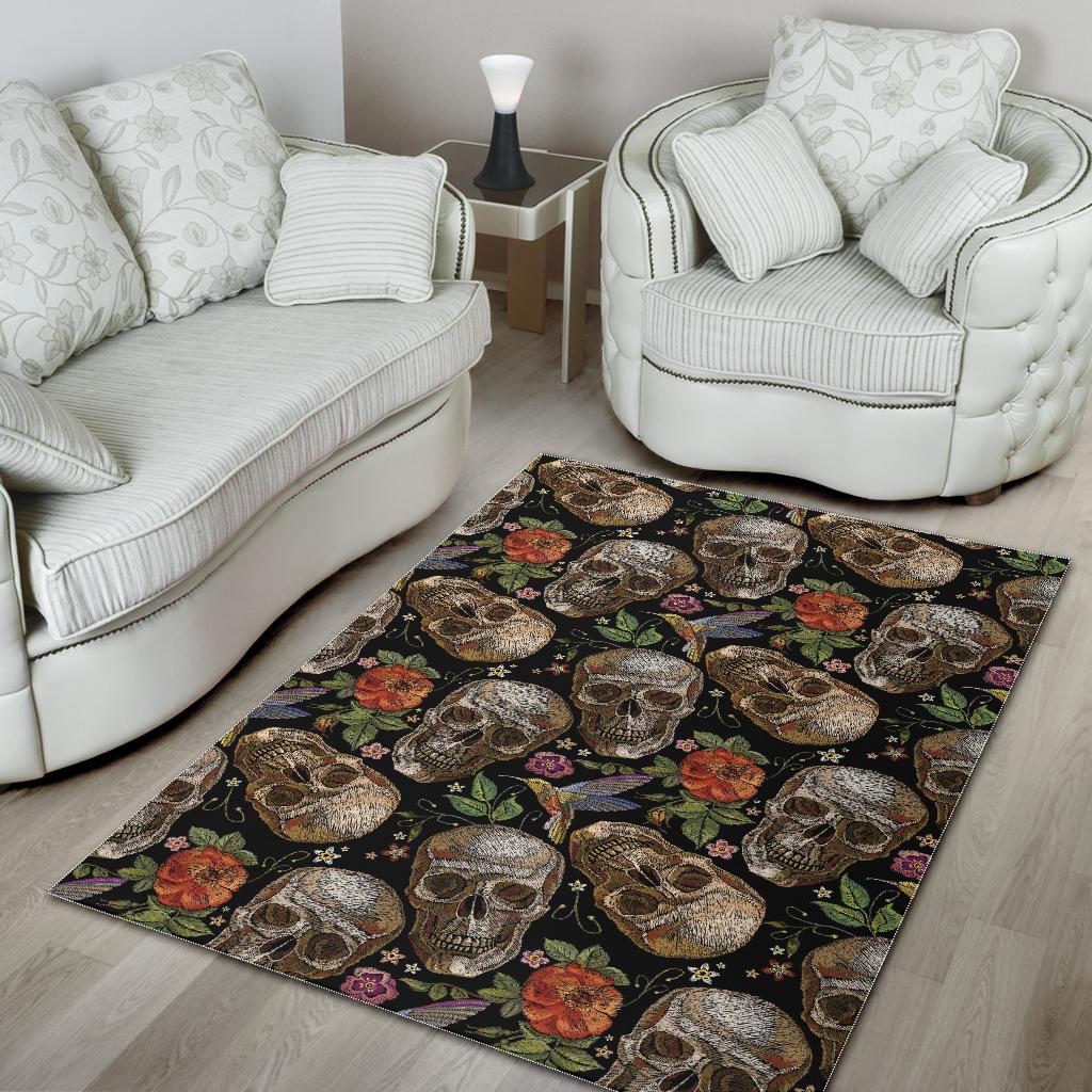 Skull rose humming bird flower pattern Area Rug