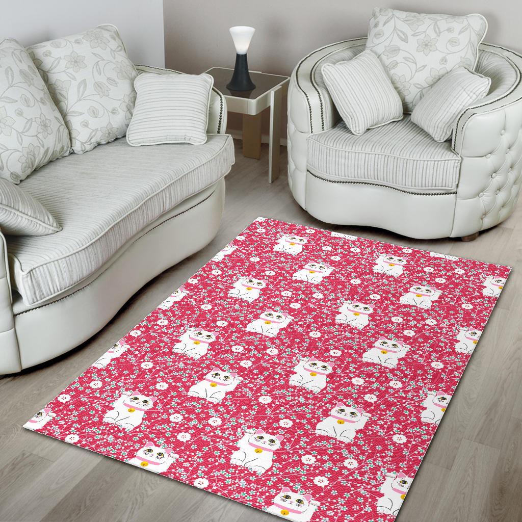 Maneki Neko Lucky Cat sakura pink background Area Rug