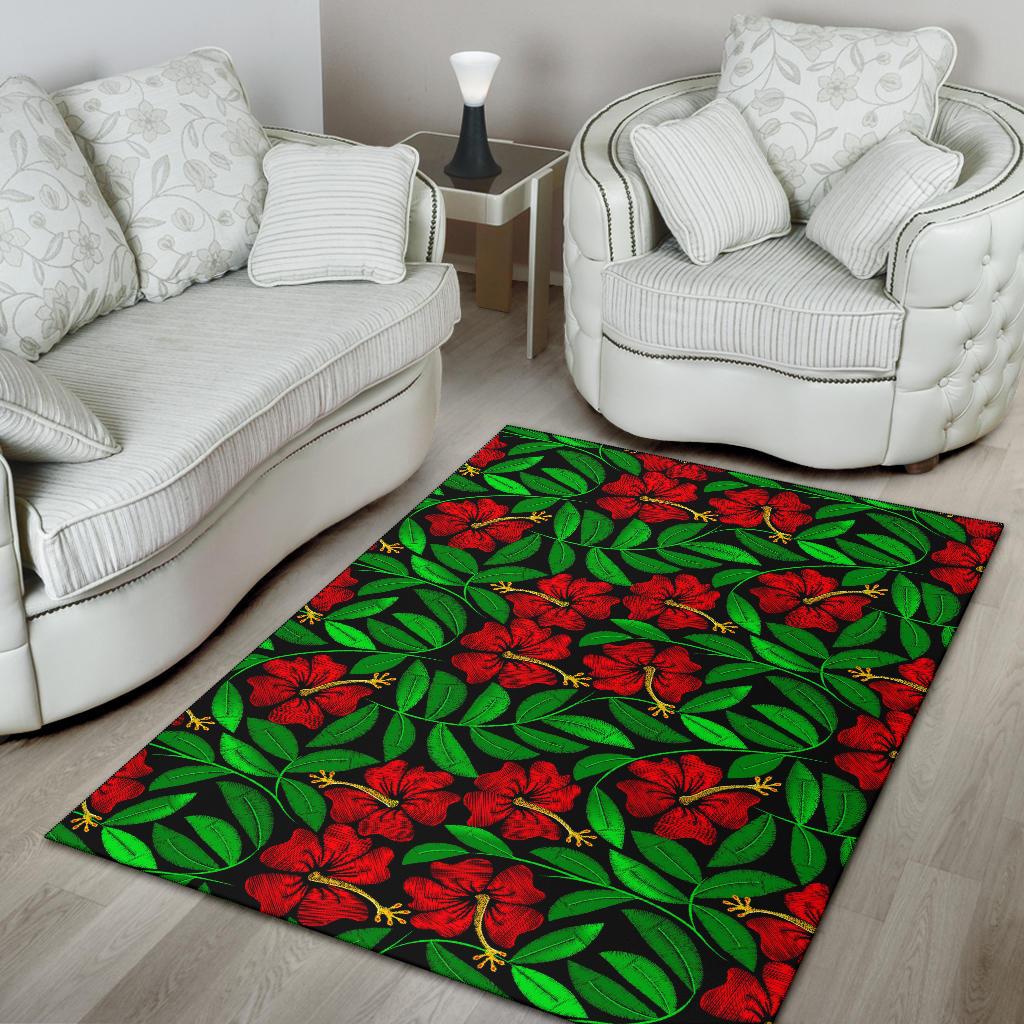 Red Hibiscus Embroidered Pattern Print Design HB032 Area Rugs