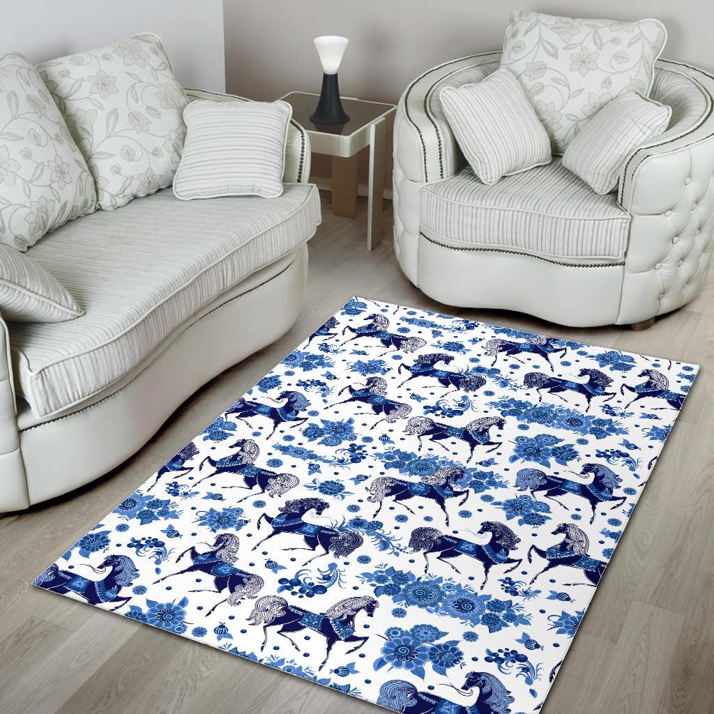 Horse Flower Blue Theme Pattern Area Rug