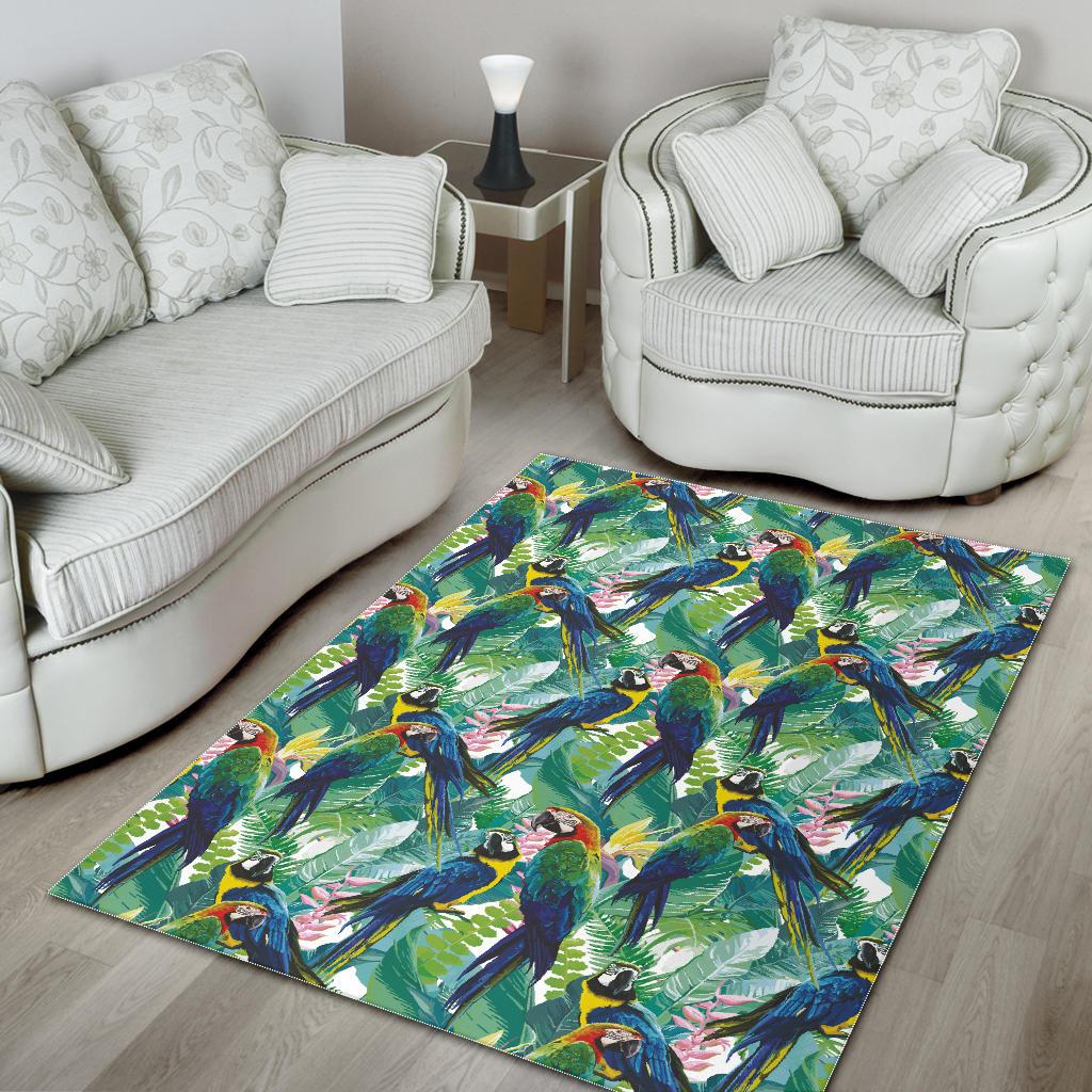 Colorful parrot exotic flower leaves Area Rug