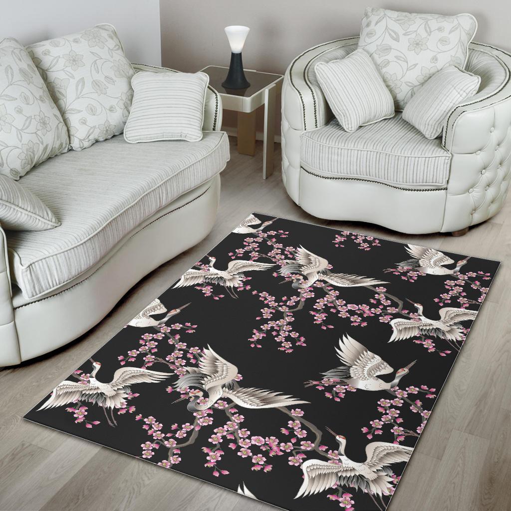Japanese crane pink sakura pattern Area Rug