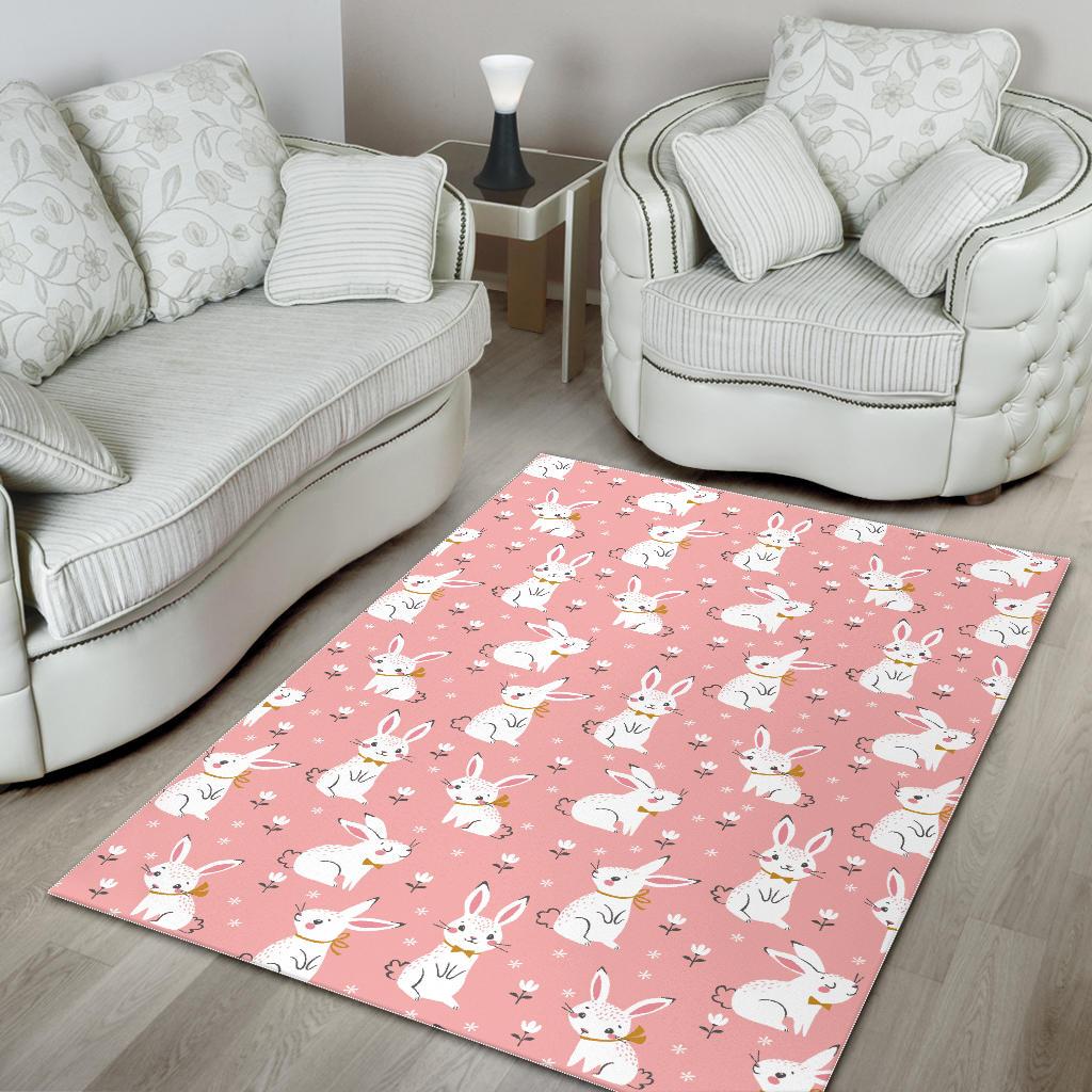 Cute white rabbit flower pink background Area Rug