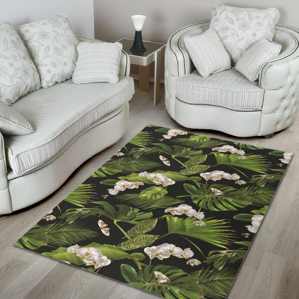 White orchid flower tropical leaves pattern blackground Area Rug