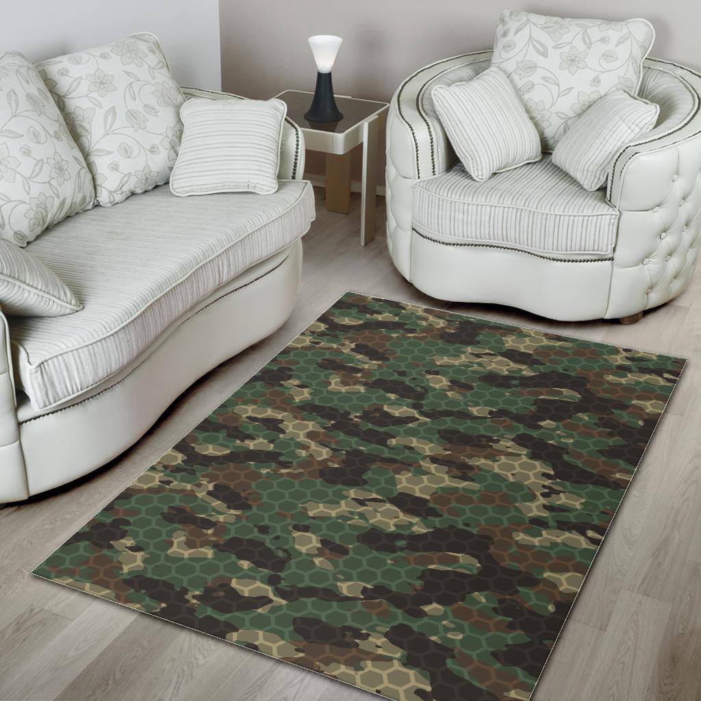 Green Camo Camouflage Honeycomb Pattern Area Rug