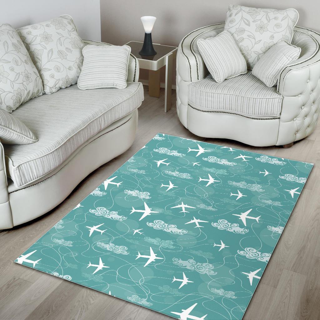 Airplane Cloud Pattern Green Background Area Rug