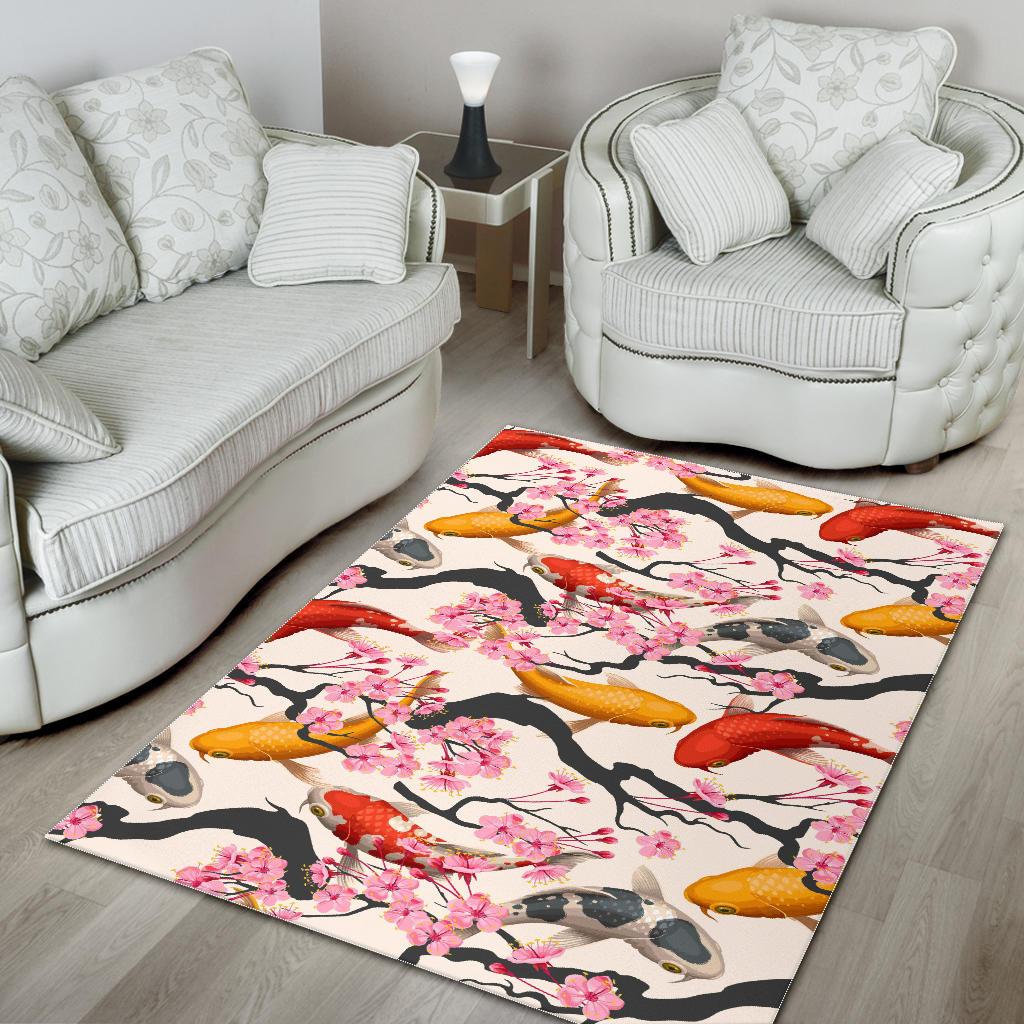 Colorful Koi Fish Carp Fish and Sakura Pattern Area Rug