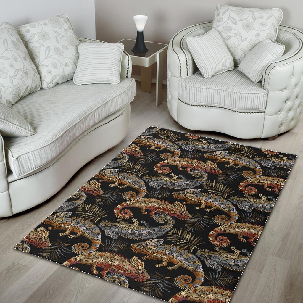 Chameleon lizard tropical leaves palm tree Area Rug