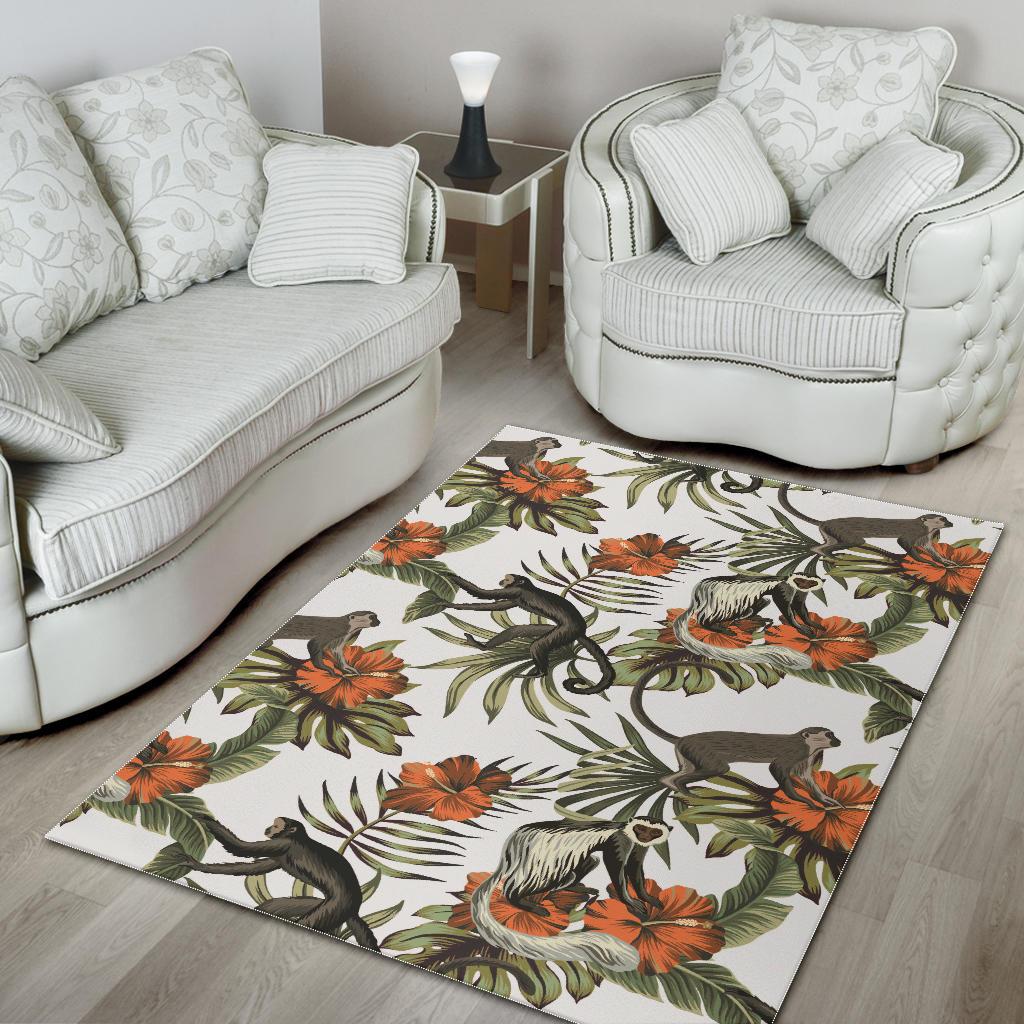 Monkey red hibiscus flower palm leaves floral pattern Area Rug