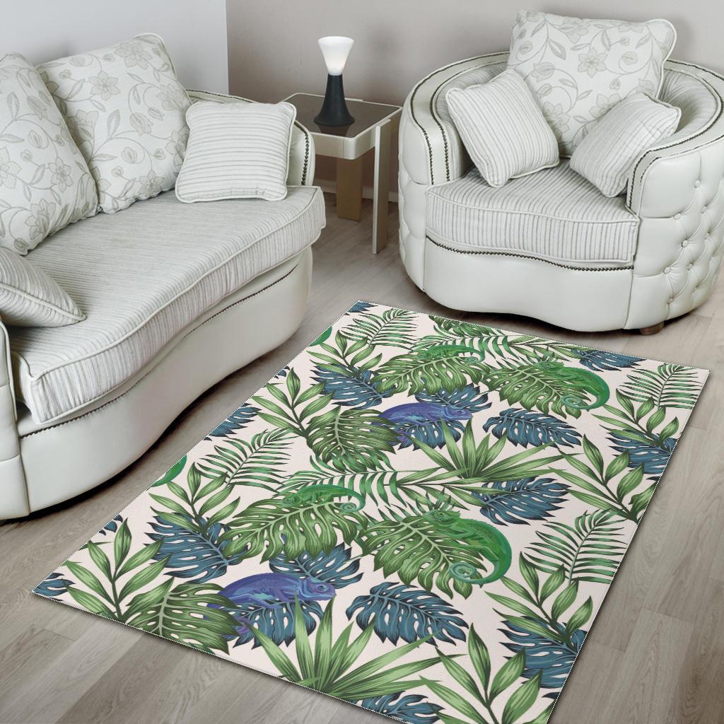 Green Blue Chameleon Lizard Leaves Pattern Area Rug