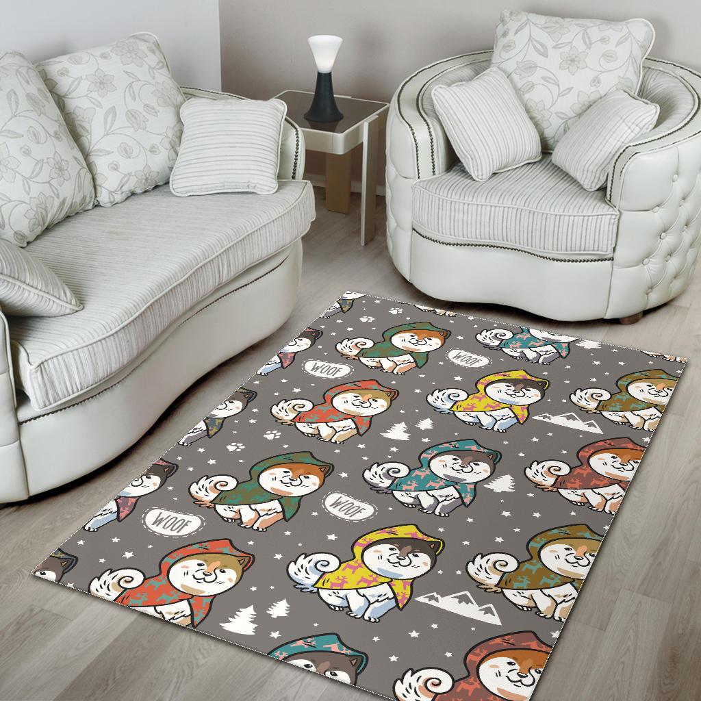 Cute Siberian Husky Raincoat Pattern Area Rug