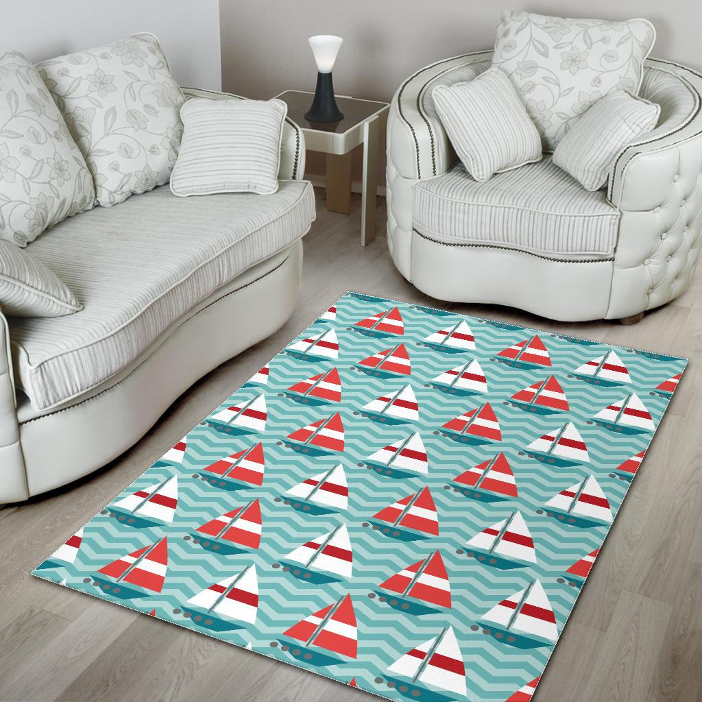 Red White sailboat wave background Area Rug