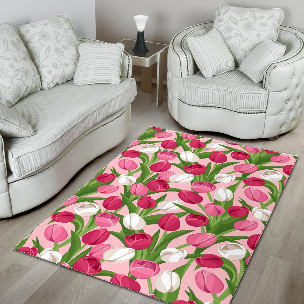 Pink White Tulip Pattern Area Rug