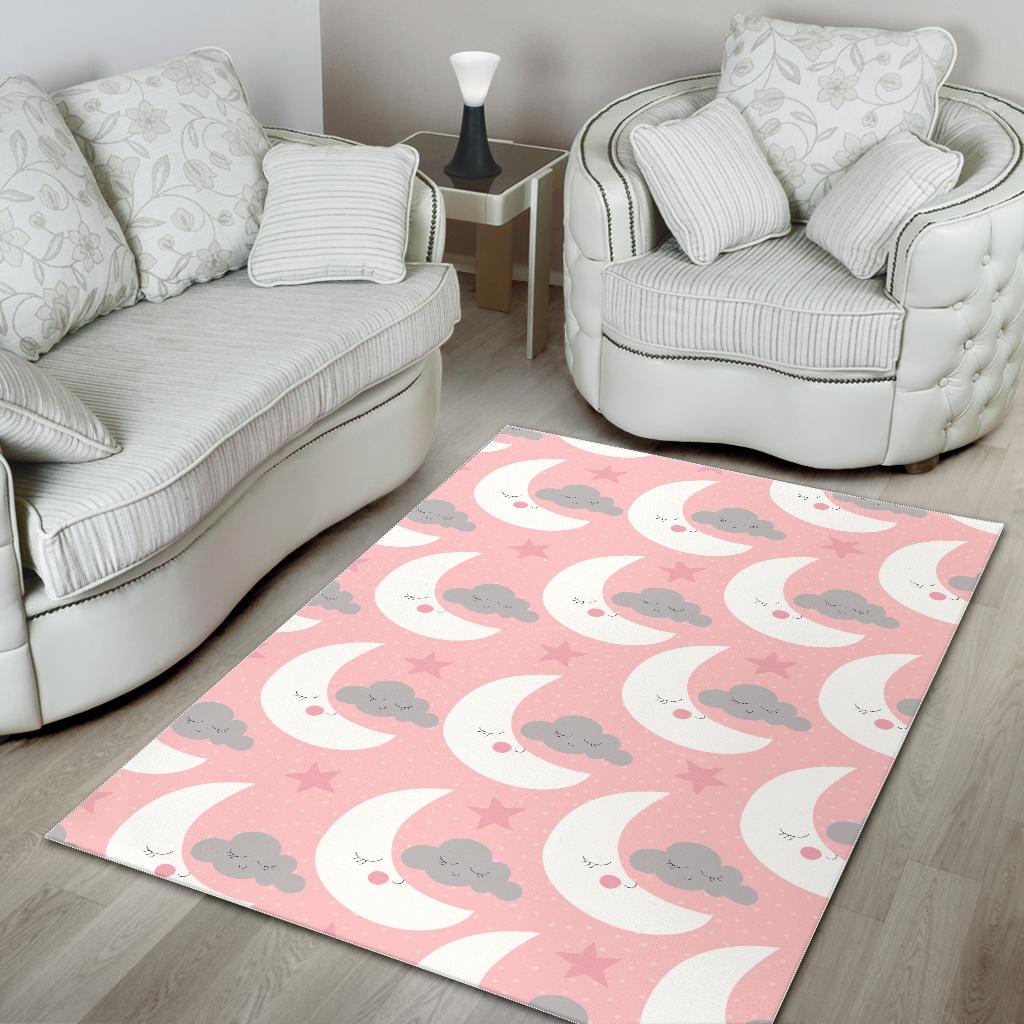 Cute moon cloud star pattern pink dot background Area Rug