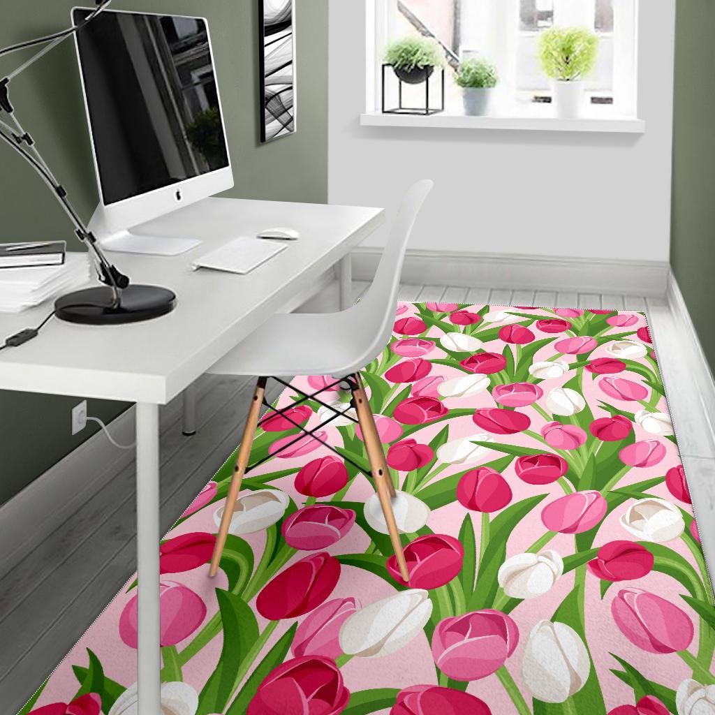 Pink White Tulip Pattern Area Rug