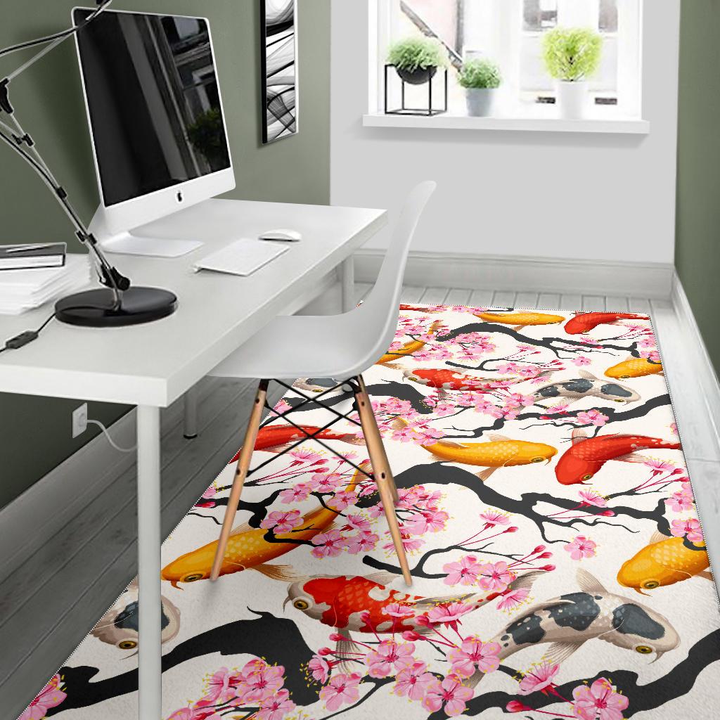 Colorful Koi Fish Carp Fish and Sakura Pattern Area Rug