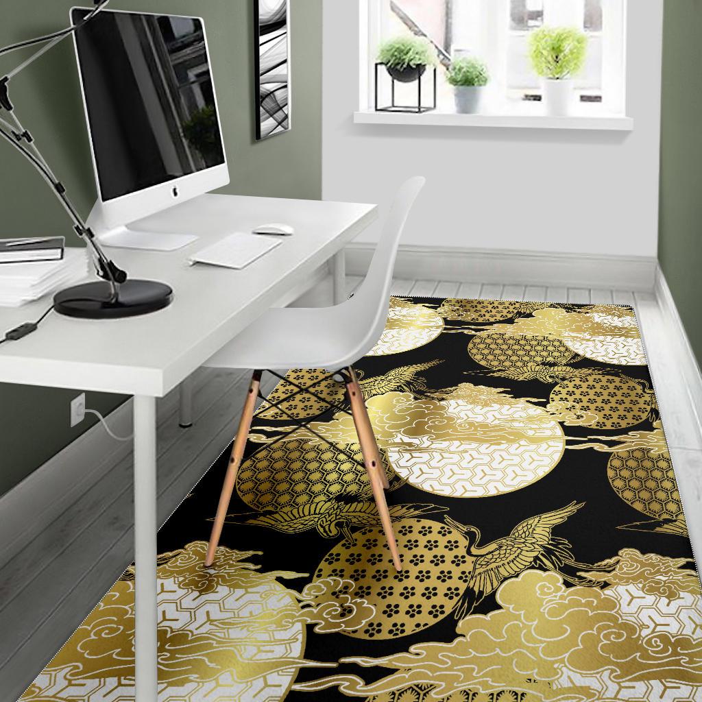 Gold Could Crane Japanese Pattern Area Rug