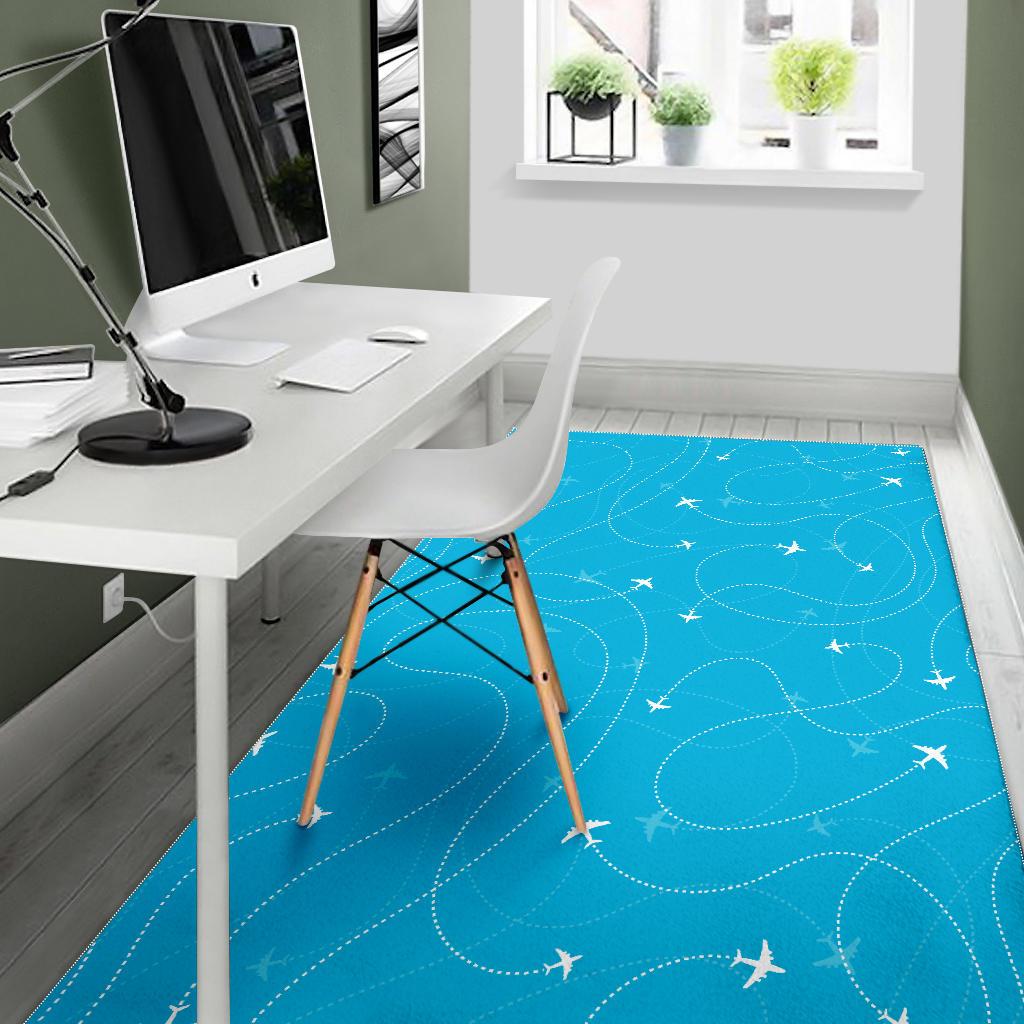 Airplane destinations blue background Area Rug