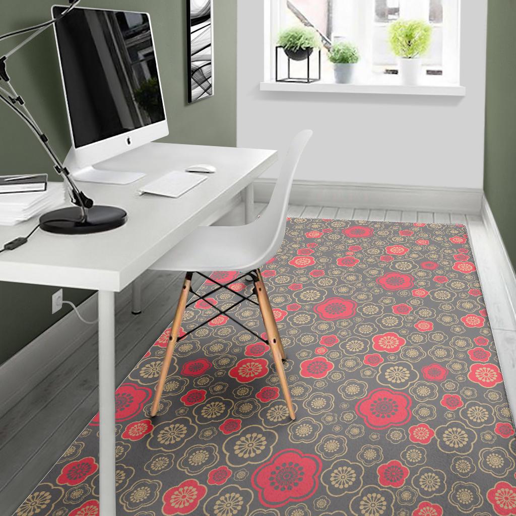 Red gold Sakura cherry blossom gray background Area Rug