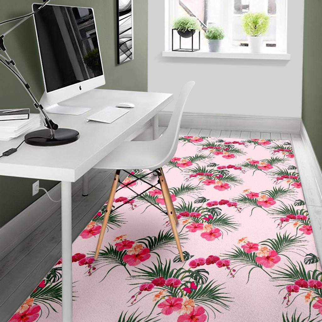 Red Pink Orchid Hibiscus Pattern Area Rug