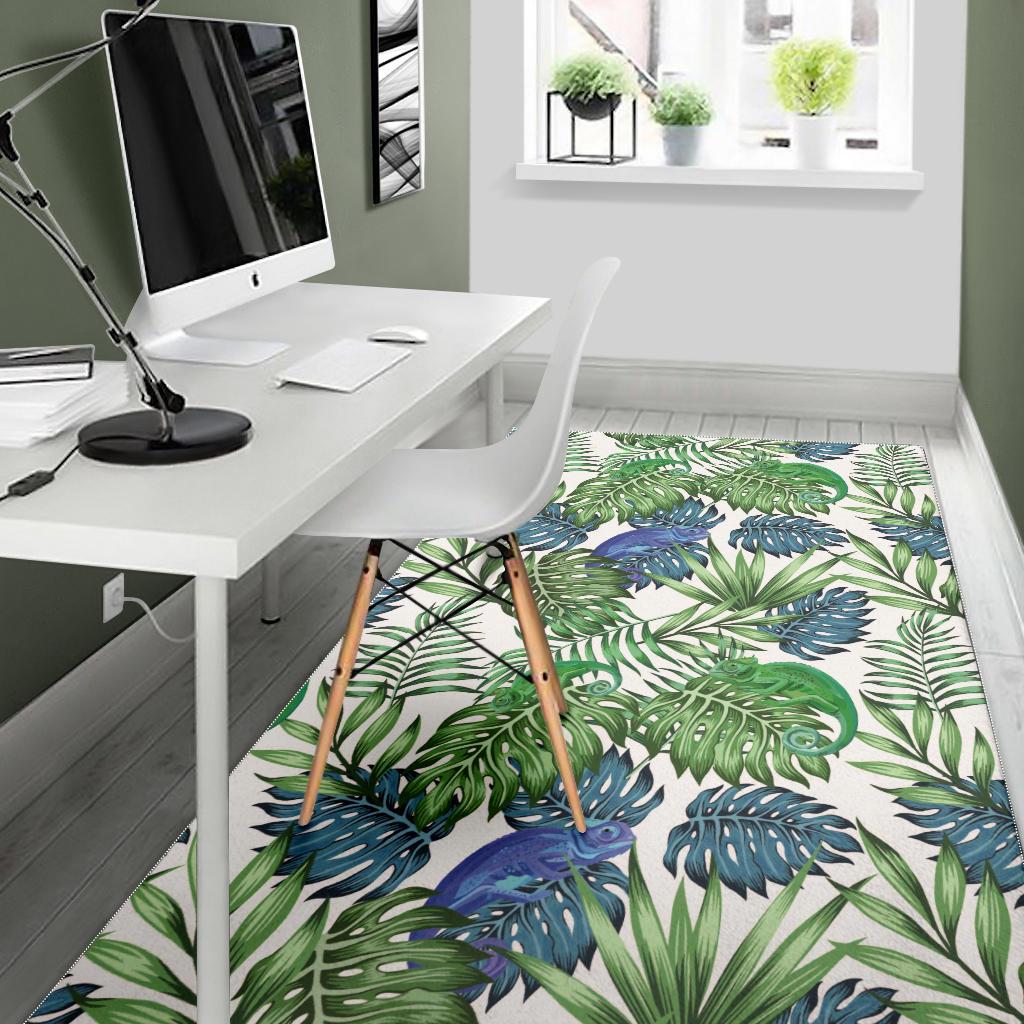 Green Blue Chameleon Lizard Leaves Pattern Area Rug