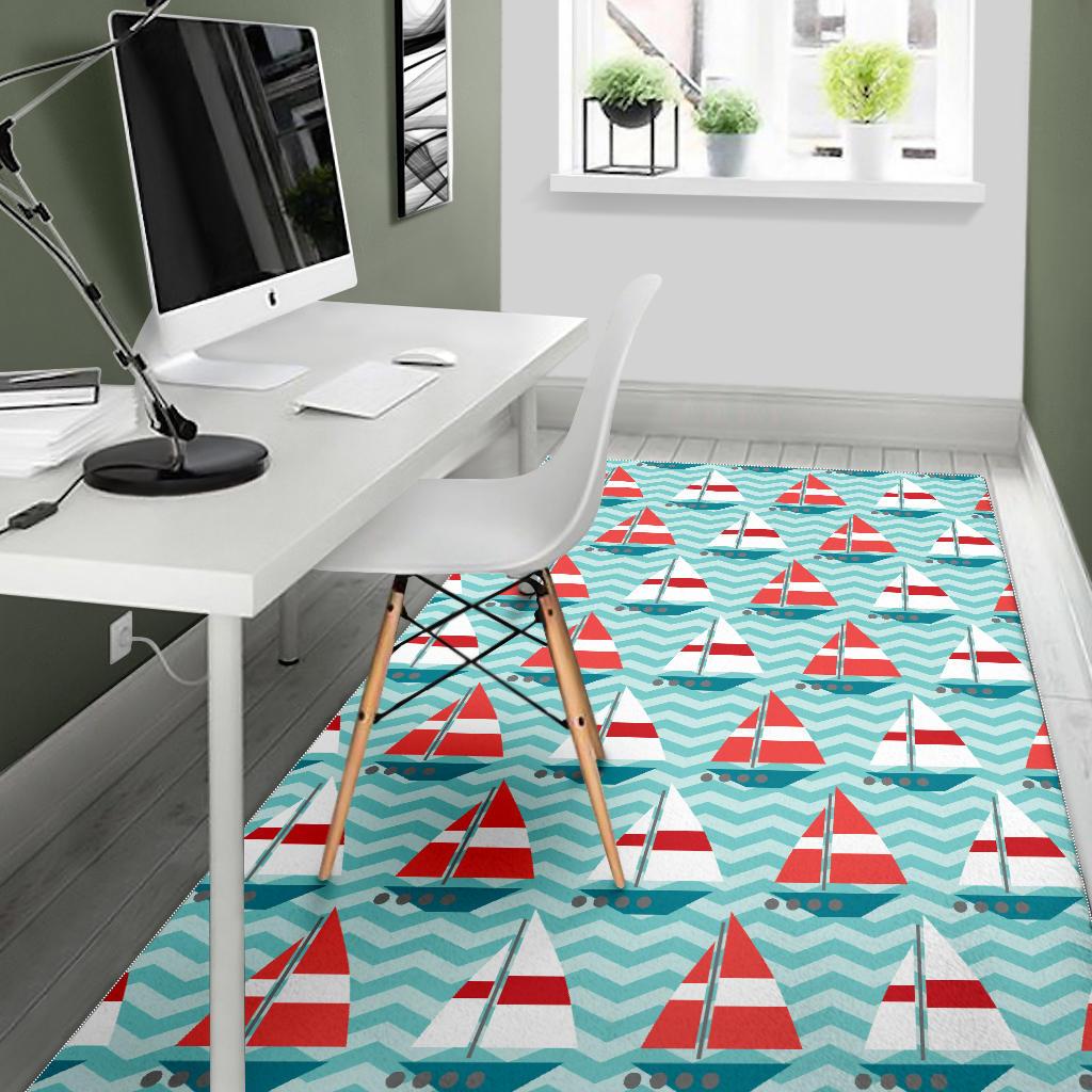 Red White sailboat wave background Area Rug