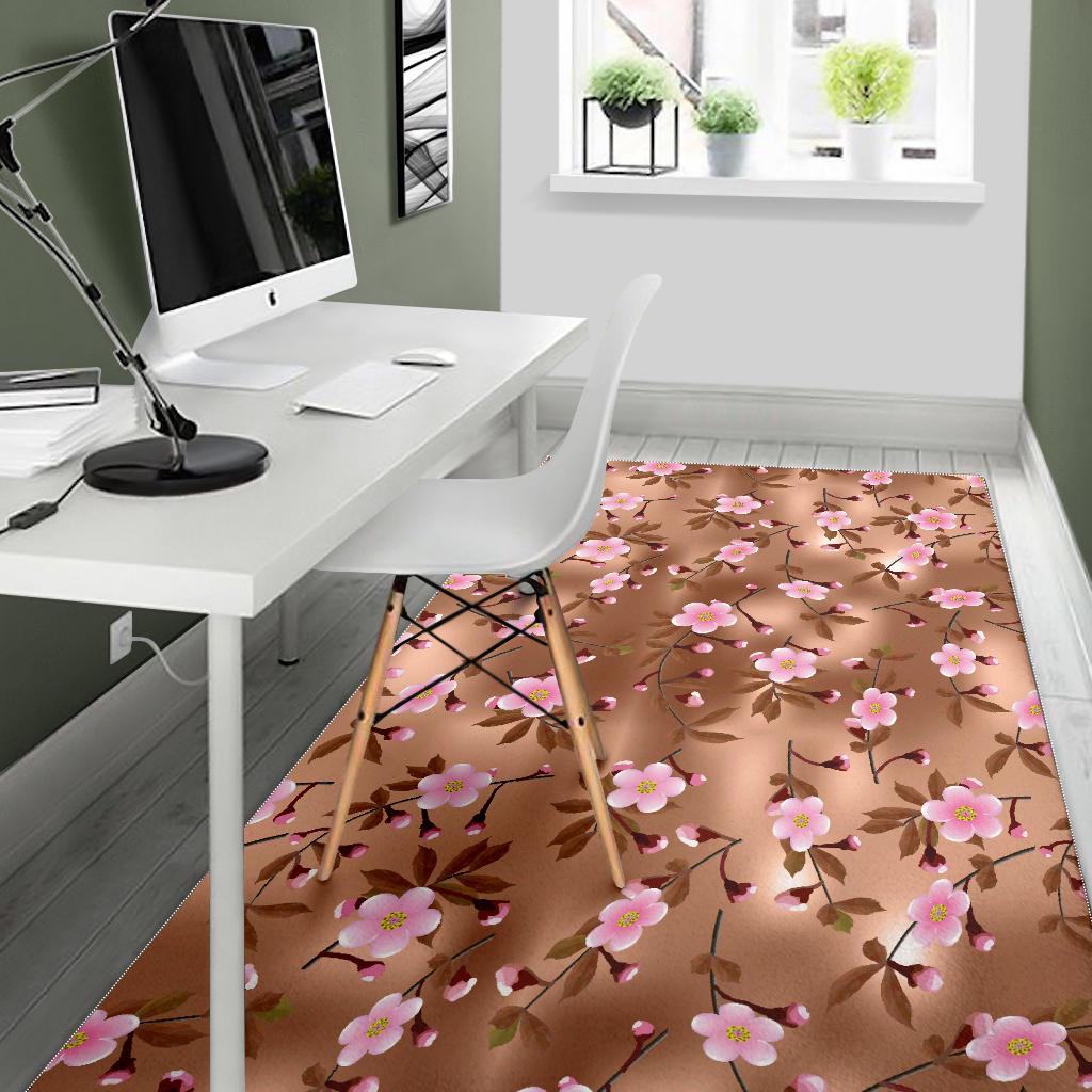 Pink sakura cherry blossom drak brown background Area Rug