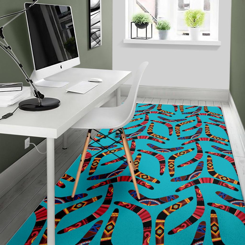 Boomerang Australian aboriginal ornament blue background Area Rug