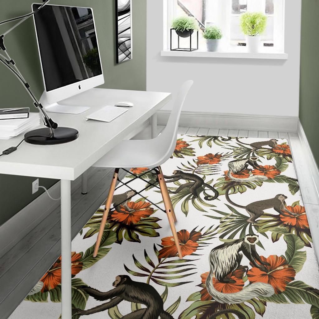 Monkey red hibiscus flower palm leaves floral pattern Area Rug