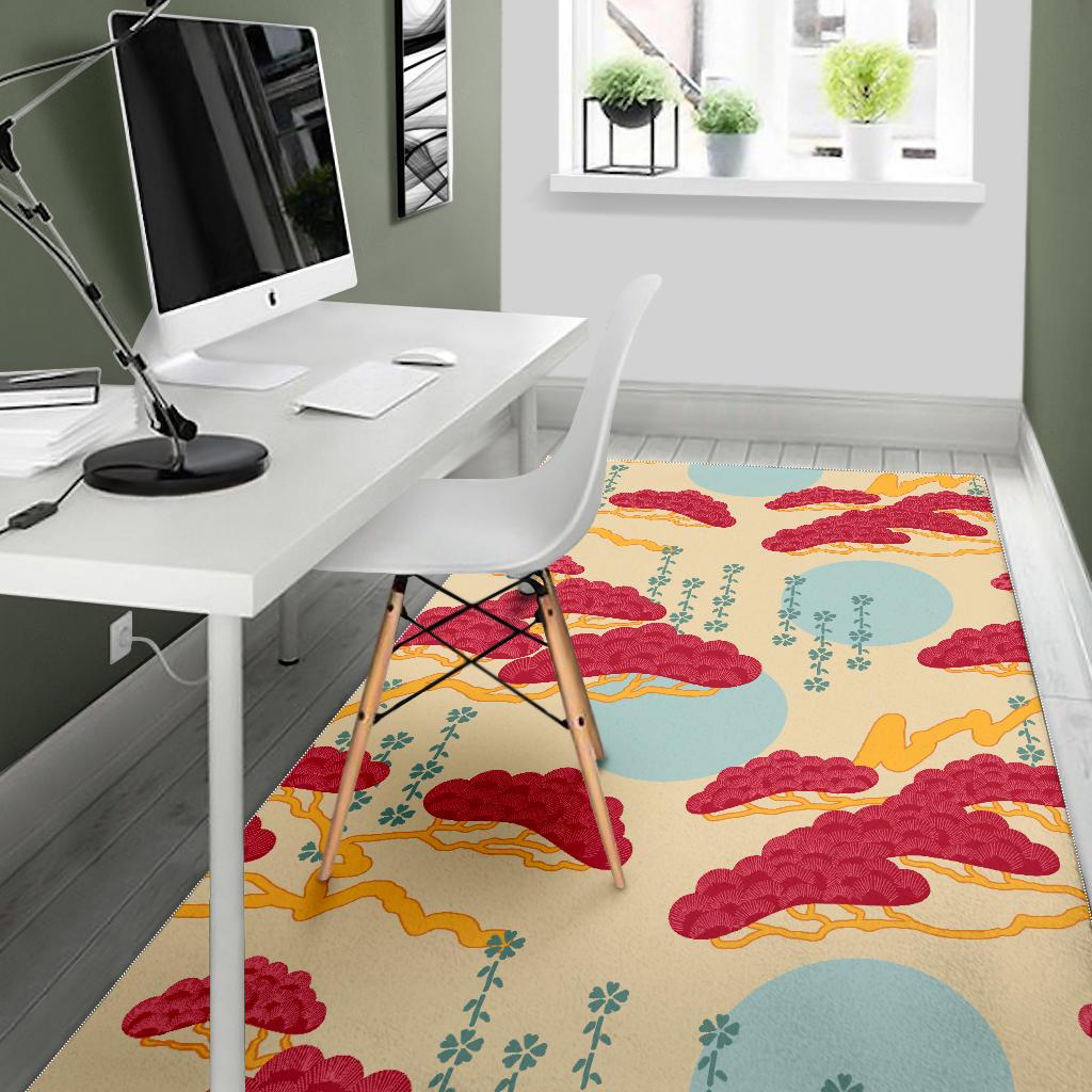 Red Bonsai gray sun japanese pattern Area Rug