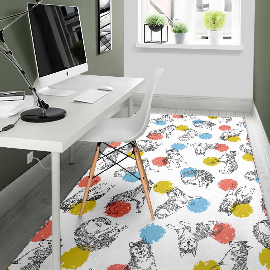 Siberian husky and colorful circle pattern Area Rug