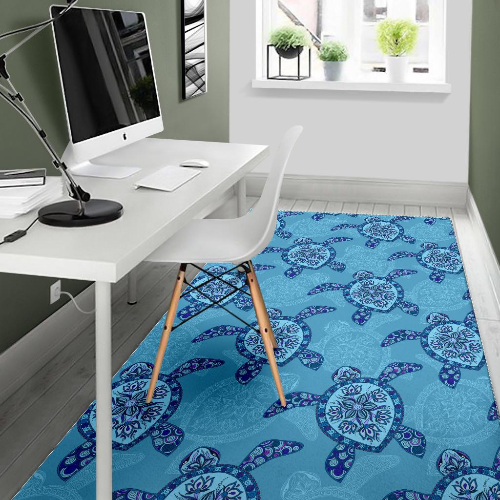 Sea Turtle Blue Tribal Pattern Area Rug